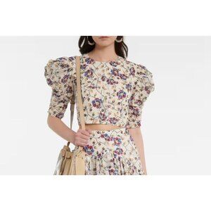 Isabel Marant Etoile Silva Floral Puff Sleeve Cotton Crop Top With Tie Back Size